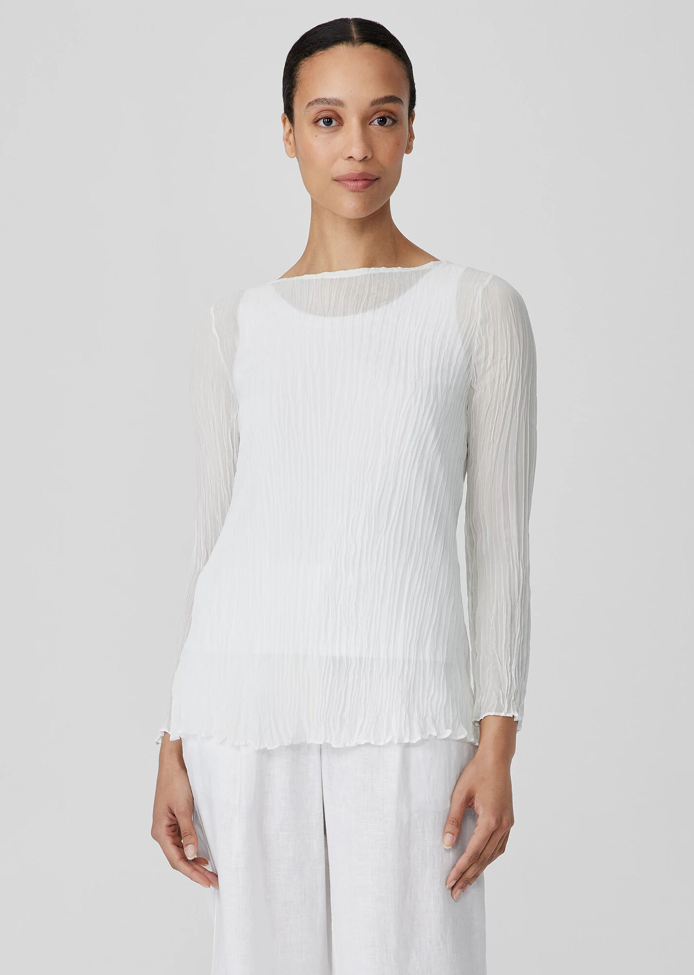 EILEEN FISHER Crinkled Sheer Silk Georgette Bateau Neck Long Top  Ivory  female  size:3X