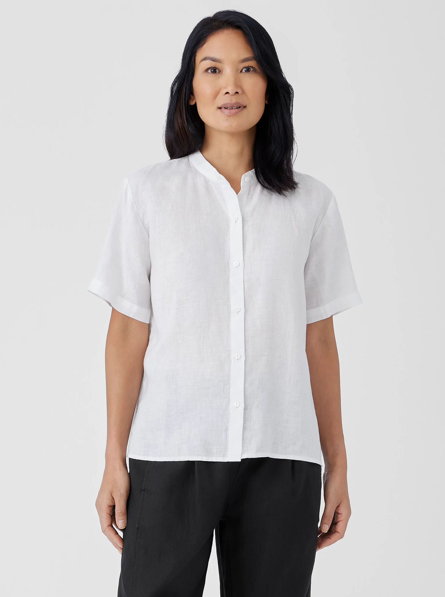 EILEEN FISHER Organic Handkerchief Linen Band Collar Short-Sleeve Shirt  White  female  size:2X