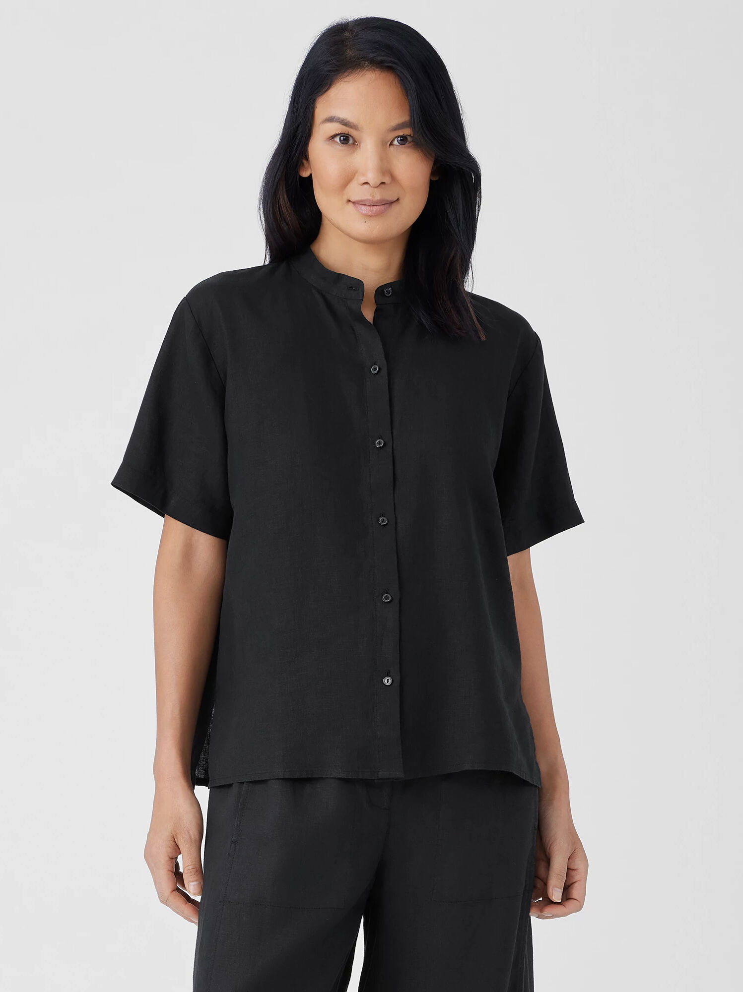 EILEEN FISHER Organic Handkerchief Linen Band Collar Short-Sleeve Shirt  Black  female  size:2X