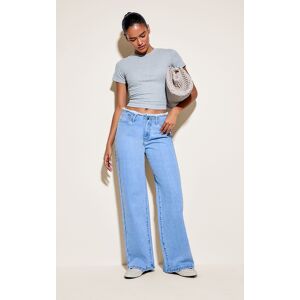 PrettyLittleThing Light Blue Wash Fray Waistband Low Waist Straight Leg Jean - Light Blue Wash - Size: 8