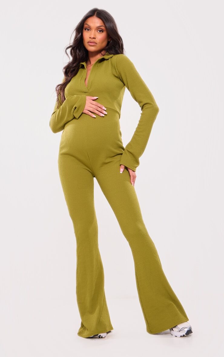 PrettyLittleThing Maternity Olive Ribbed Collar Long Sleeve Jumpsuit - Olive - Size: 12