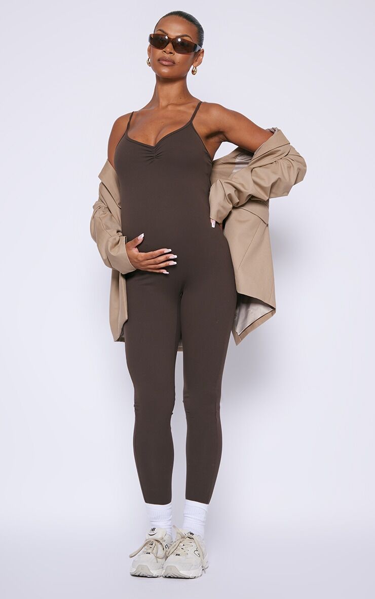 PrettyLittleThing Maternity Coffee Snatched Sculpt Cami Strap Jumpsuit - Coffee - Size: 4