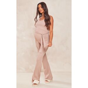 PrettyLittleThing Maternity Oatmeal Ribbed Tie Waist Jumpsuit - Oatmeal - Size: 10