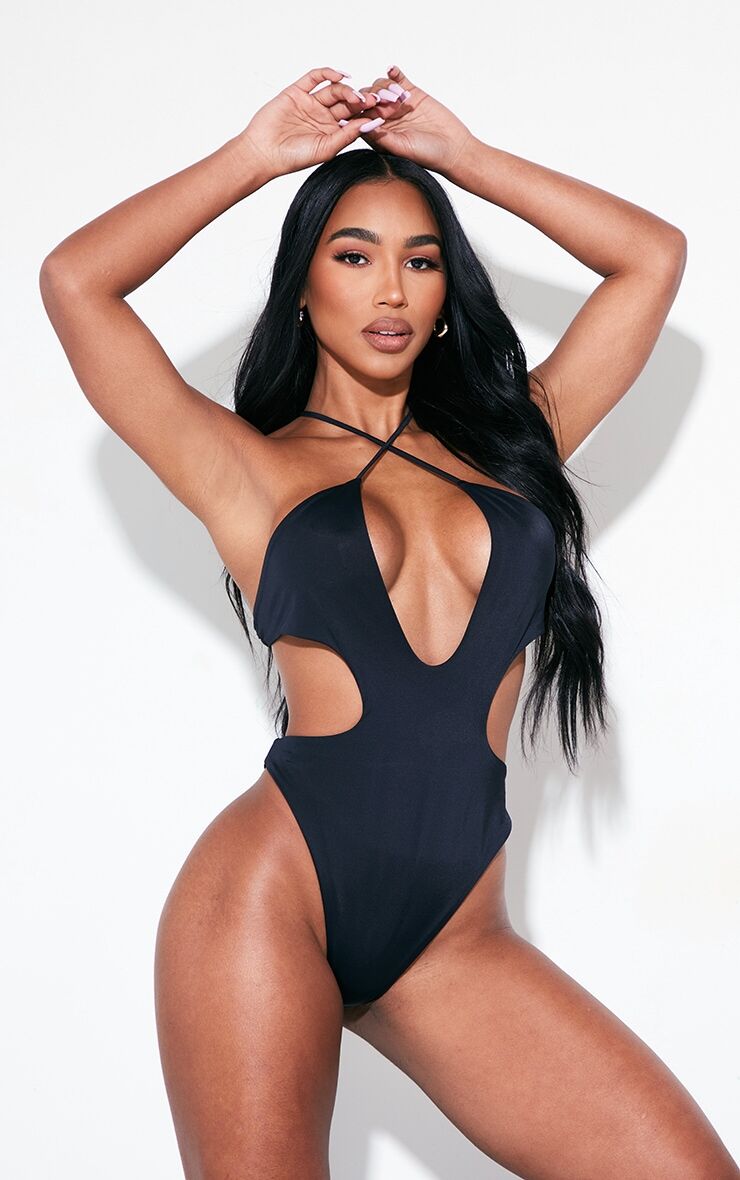 PrettyLittleThing Black Cut Out Cross Front Swimsuit - Black - Size: 12