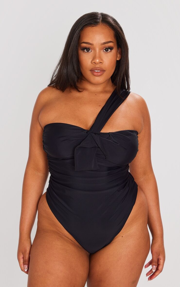 PrettyLittleThing Plus Black Ruched Asymmetric One Shoulder Swimsuit - Black - Size: 12