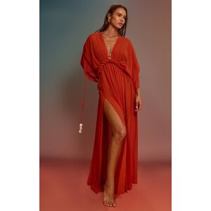 PrettyLittleThing Rust Textured Chiffon Twist Boho Beach Dress - Rust - Size: S