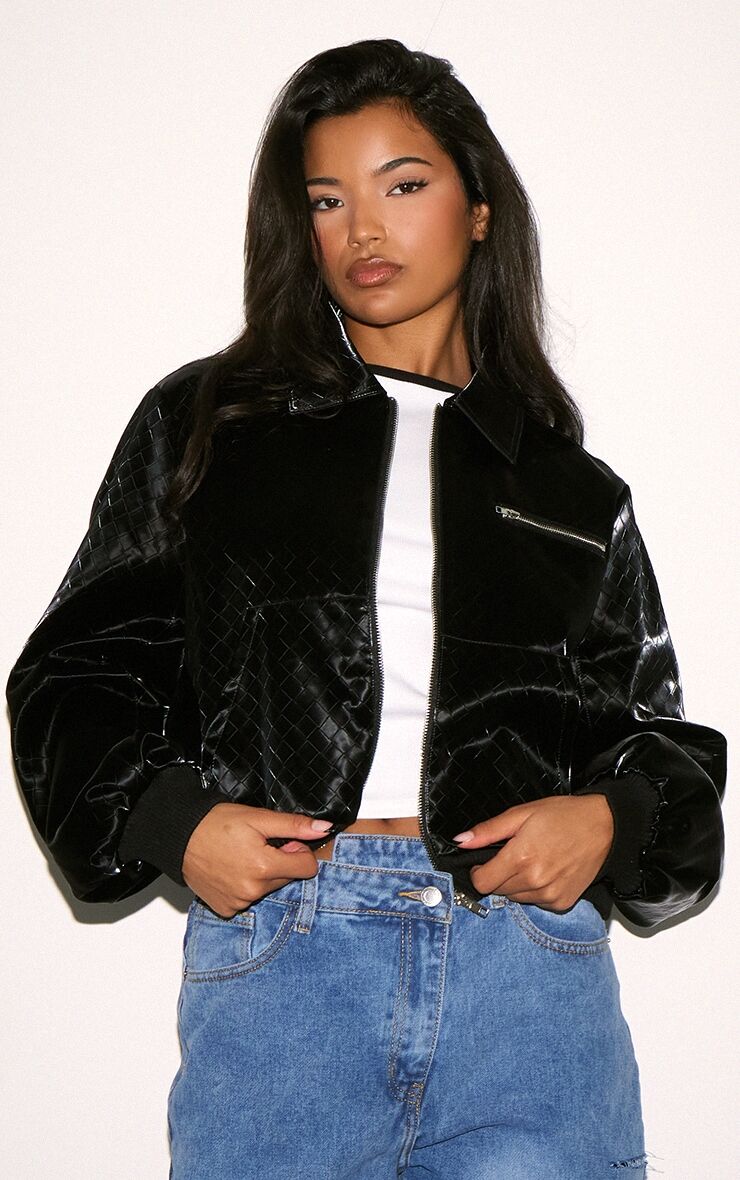 PrettyLittleThing Black Patterned High Shine Faux Leather Jacket - Black - Size: 10
