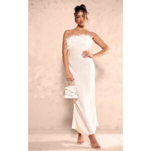 PrettyLittleThing Cream Satin Feather Bust Detail Maxi Dress - Cream - Size: 6