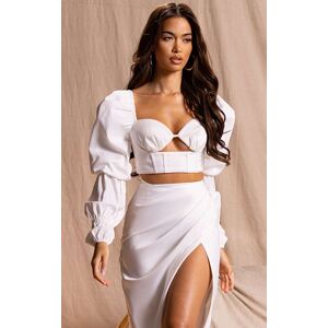 PrettyLittleThing Premium White Constructed Satin Puff Tiered Sleeve Crop Top - White - Size: 4