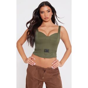 PrettyLittleThing Olive Woven Bust Detail Buckle Front Top - Olive - Size: 6