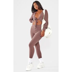 PrettyLittleThing Chocolate Rib Tie Bust Long Sleeve Cut Out Jumpsuit - Chocolate - Size: 6