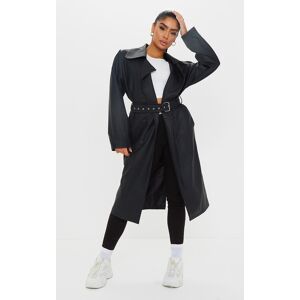 PrettyLittleThing Black Faux Leather Drop Arm Midi Trench - Black - Size: 10