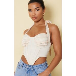 PrettyLittleThing Cream Satin Ruched Bust Halter Corset - Cream - Size: 6