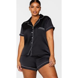 PrettyLittleThingPlus Black Satin Pocket PJ Set - Black - Size: 24