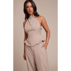 PrettyLittleThing Petite Beige Pinstripe Halterneck Top - Beige - Size: 00