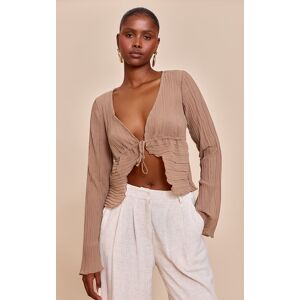 PrettyLittleThing Mushroom Sheer Plisse Tie Front Flute Sleeve Blouse - Mushroom - Size: 0