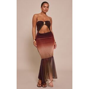 PrettyLittleThing Shape Brown Ombre Print Bandeau Gold Trim Dropped Hem Maxi Dress - Brown - Size: 16