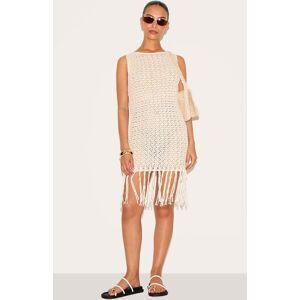 PrettyLittleThing Petite Cream Crochet Boat Neck Tassle Mini Dress - Cream - Size: M
