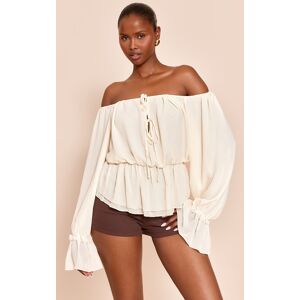 PrettyLittleThing Cream Chiffon Tie Detail Bardot Floaty Top - Cream - Size: 2