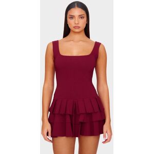 PrettyLittleThing Burgundy Stretch Woven Pleated Skort Romper - Burgundy - Size: 8