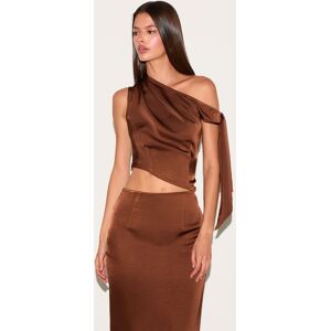 PrettyLittleThing Chocolate Tie Shoulder Satin Top - Chocolate - Size: 12