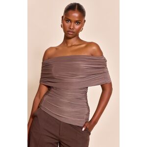 PrettyLittleThing Mushroom Double Layer Slinky Ruched Bardot Long Top - Mushroom - Size: 6