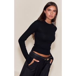 PrettyLittleThing Black Soft Rib Crew Neck Long Sleeve Top - Black - Size: 10