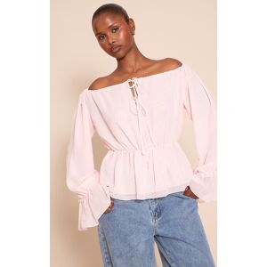 PrettyLittleThing Pale Pink Chiffon Tie Detail Bardot Floaty Top - Pale Pink - Size: 4