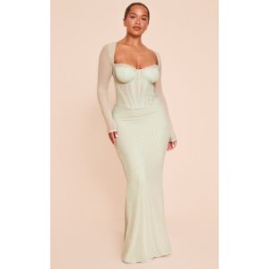 PrettyLittleThing Shape Sage Mesh Lace Insert Corseted Maxi Dress - Sage - Size: 6