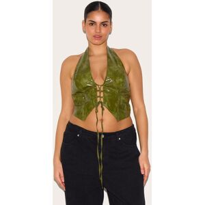 PrettyLittleThing Plus Washed Olive Faux Leather Lace Up Plunge Halterneck Top - Washed Olive - Size: 24