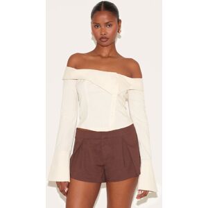 PrettyLittleThing Butter Yellow Linen Blend Bardot Button Up Shirt - Butter Yellow - Size: 10