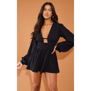 PrettyLittleThing Black Textured Plunge Long Sleeve Tie Back Romper - Black - Size: 0