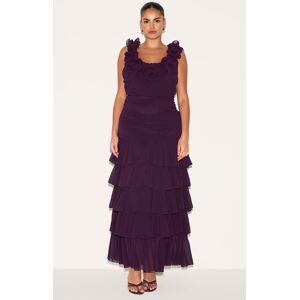 PrettyLittleThing Plus Wine Chiffon Ruched Ruffle Maxi Dress - Wine - Size: 12