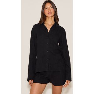 PrettyLittleThing Black Cheesecloth Long Sleeve Short Pajama Set - Black - Size: XS PrettyLittleThing Black Cheesecloth Long Sleeve Short Pajama Set - Black - Size: XS