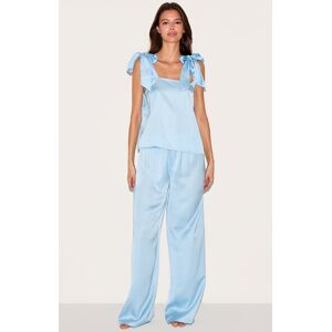 PrettyLittleThing Baby Blue Satin Ribbon Tie Cami Long Pajama Set - Baby Blue - Size: XS PrettyLittleThing Baby Blue Satin Ribbon Tie Cami Long Pajama Set - Baby Blue - Size: XS