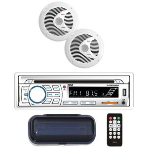 PYLE PLCDBT65MRW Marine Single-DIN In-Dash CD AM/FM Receiver with Two 6.5 INCH Speakers, Splashproof Radio Cover & Bluetooth (White)