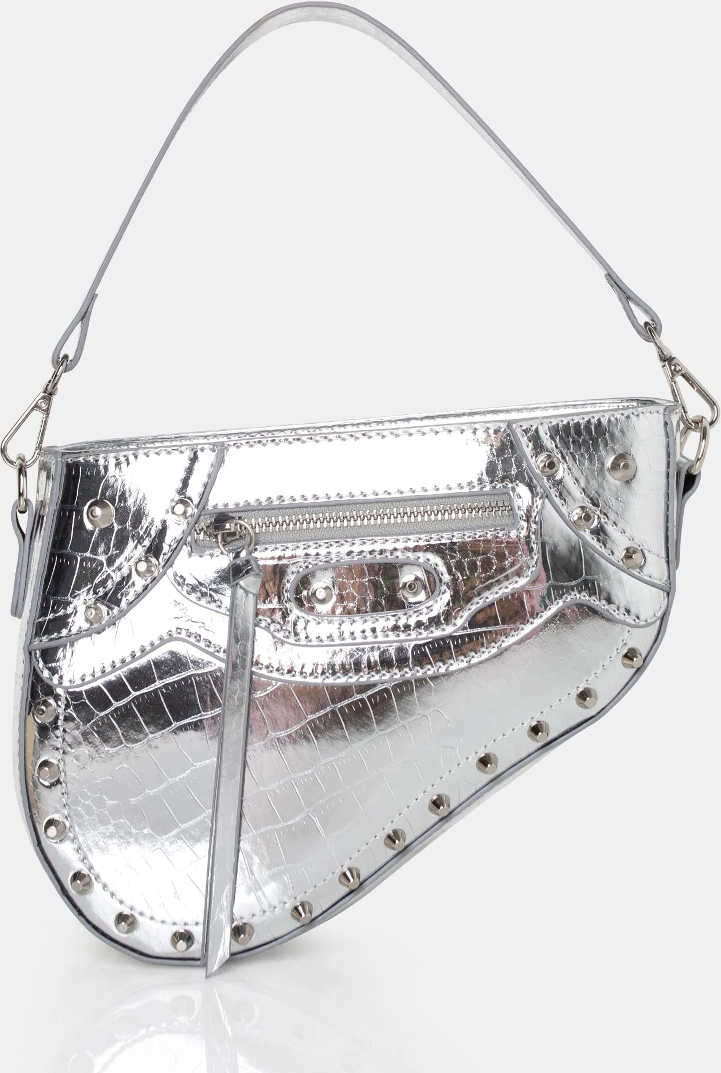 Public Desire US The Fox Metallic Silver Croc Studded Saddle Shoulder Bag - female - ONE SIZE - Size: 7883955699843