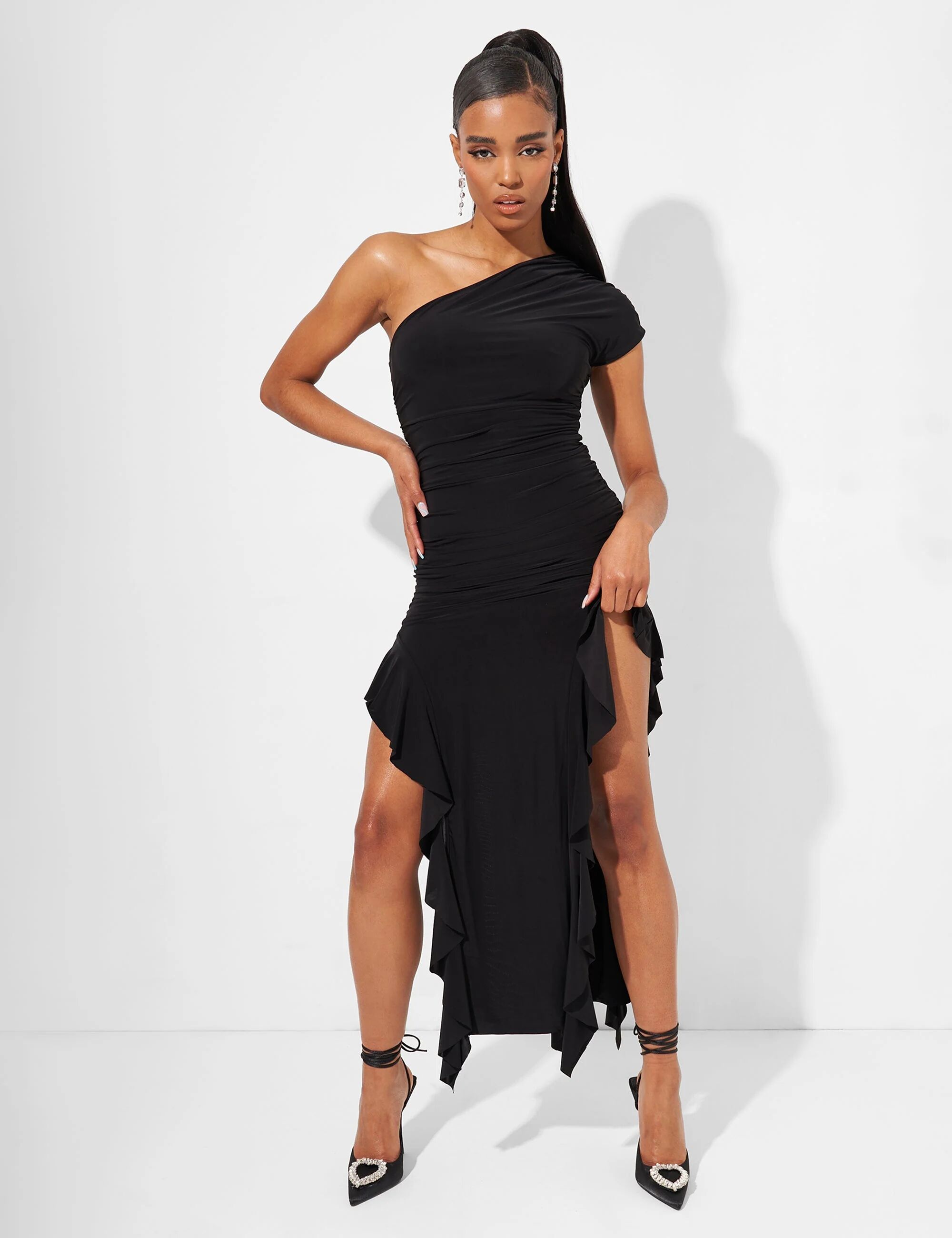 Public Desire US Kaiia Asymmetric Ruched Maxi Dress in Black - female - US 4 - Size: 7963315241091