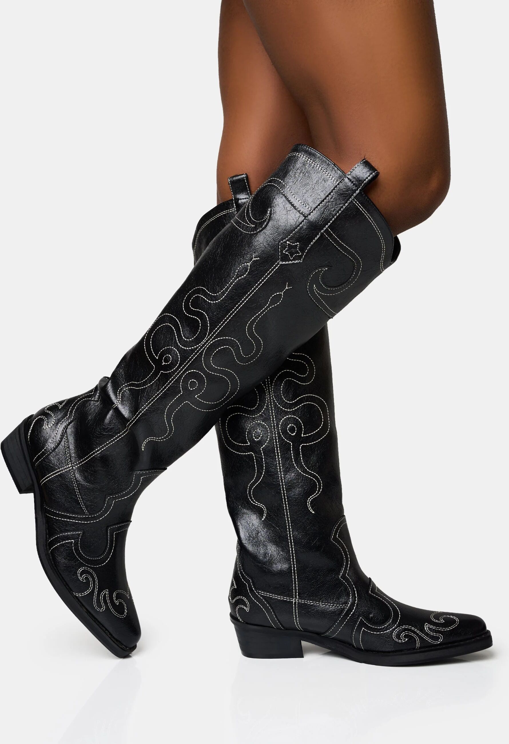 Public Desire US Serpentine Black Snake Embroidered Flat Knee High Western Boots - female - US 10 / UK 8 / EU 41 - Size: 8099241197699