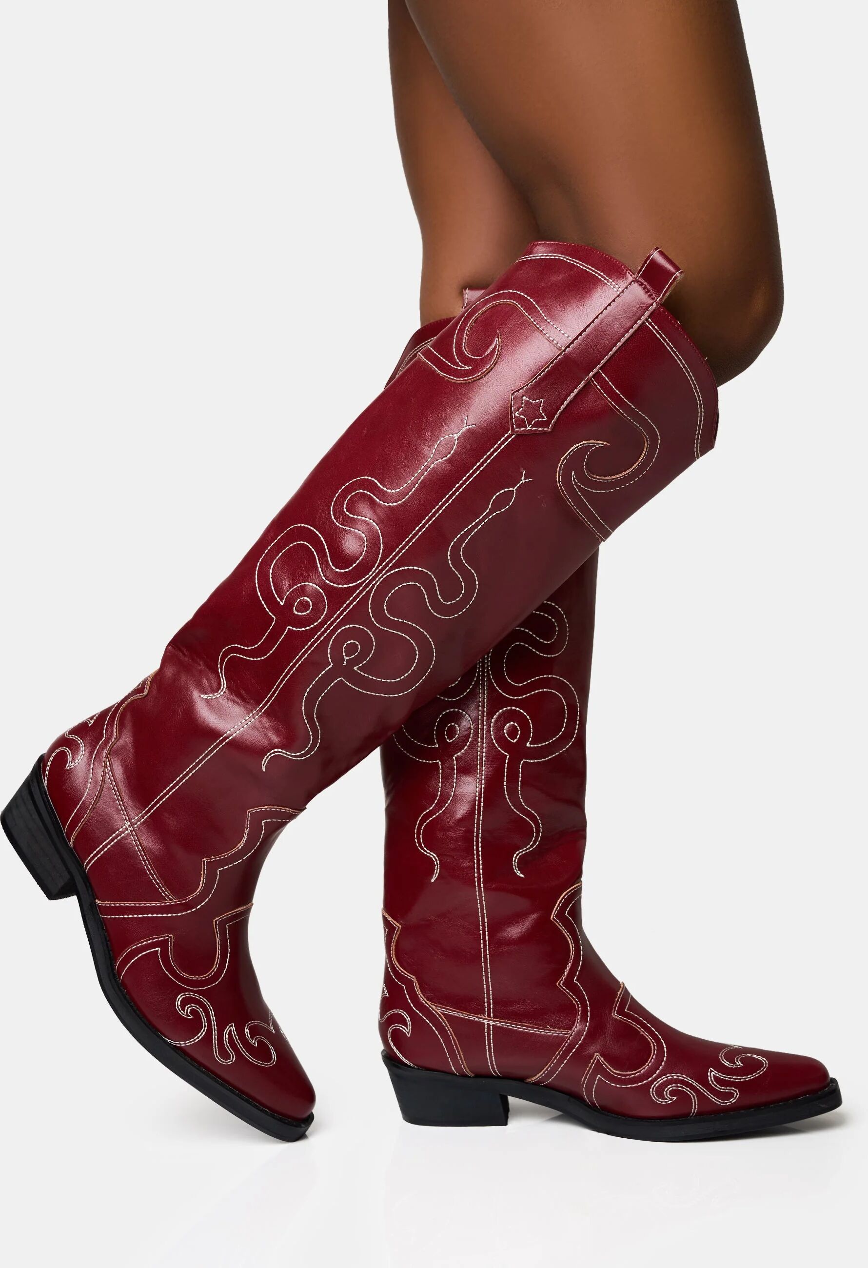 Public Desire US Serpentine Burgundy Snake Embroidered Flat Knee High Western Boots - female - US 10 / UK 8 / EU 41 - Size: 8099241132163