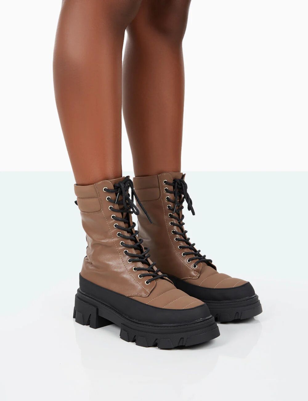 Public Desire US Refresh Mocha PU Nylon Lace Up Platform Chunky Sole Ankle Boots - female - US 10 / UK 8 / EU 41 - Size: 7748962484355