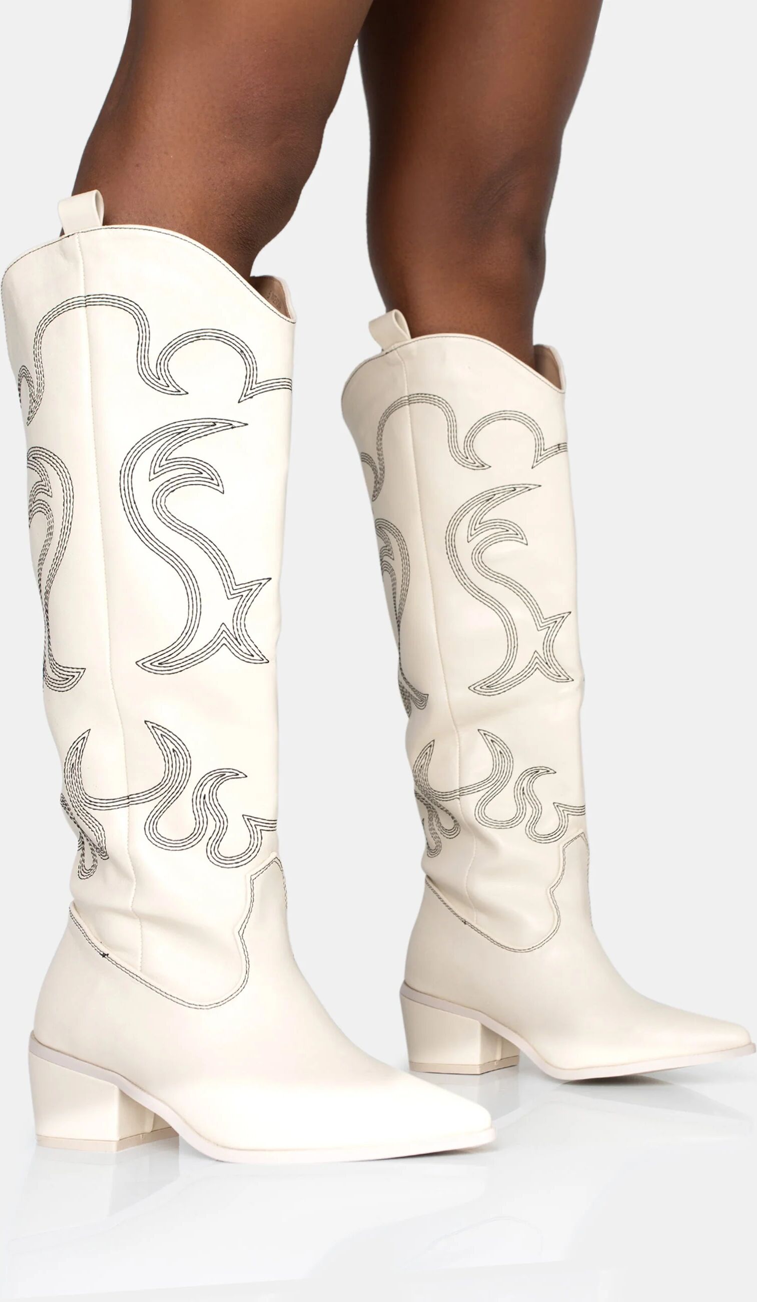 Public Desire US Cooper Ecru PU Western Embroidered Knee High Cowboy Boot - female - US 9 / UK 7 / EU 40 - Size: 7873751187587