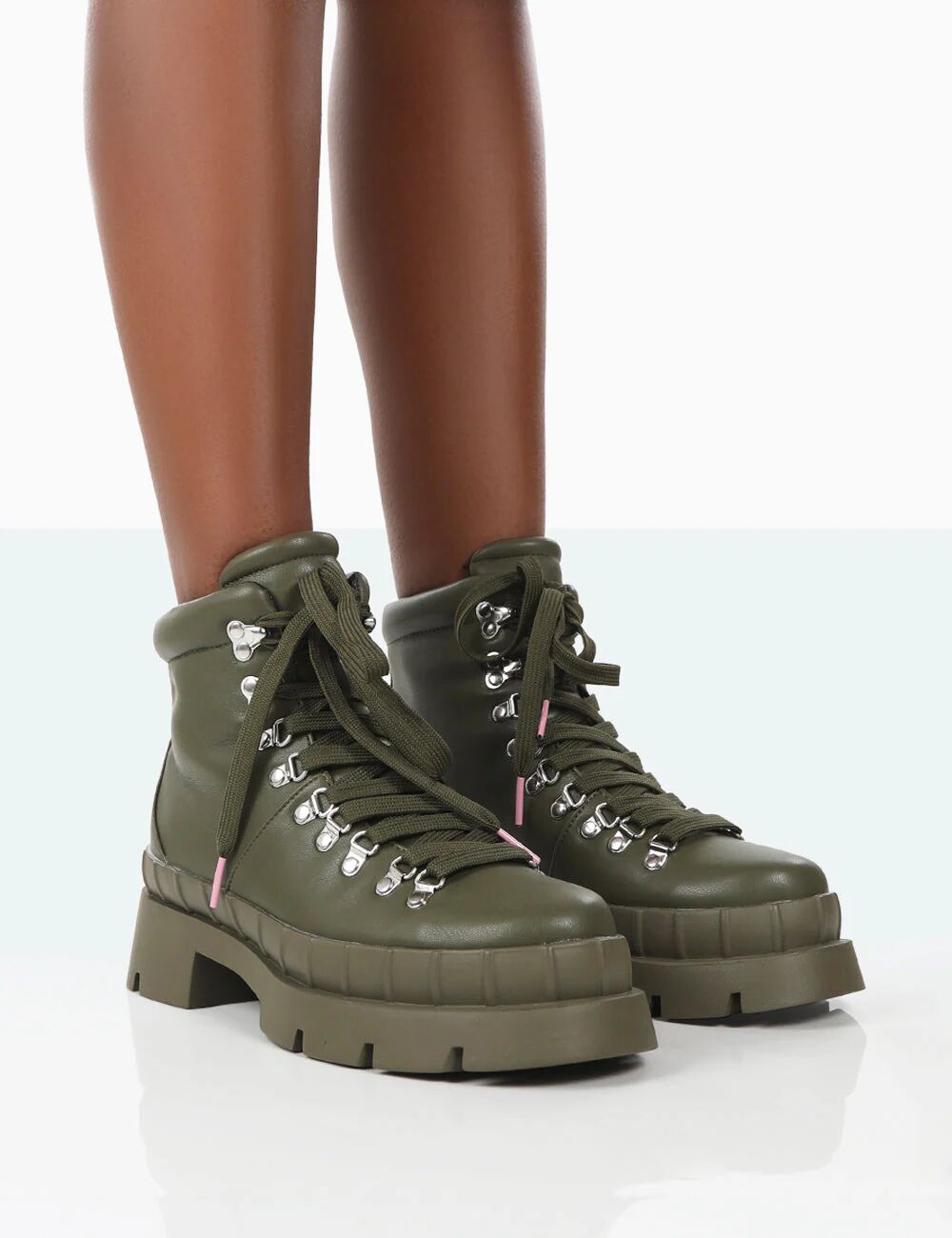 Public Desire US Hike There Khaki Pu Lace Up Chunky Sole Winter Boots - female - US 10 / UK 8 / EU 41 - Size: 7743235195011
