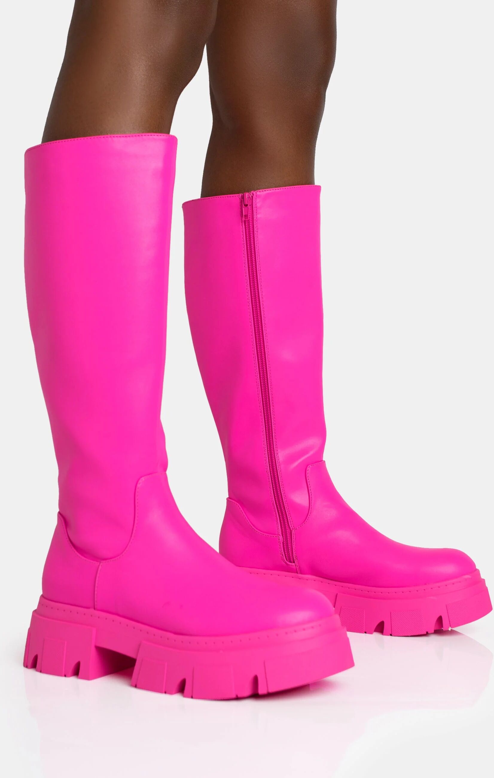 Public Desire US Scorpio Hot Pink Rubberised Pu Rounded Toe Chunky Sole Knee High Boots - female - US 5 / UK 3 / EU 36 - Size: 7919198503043