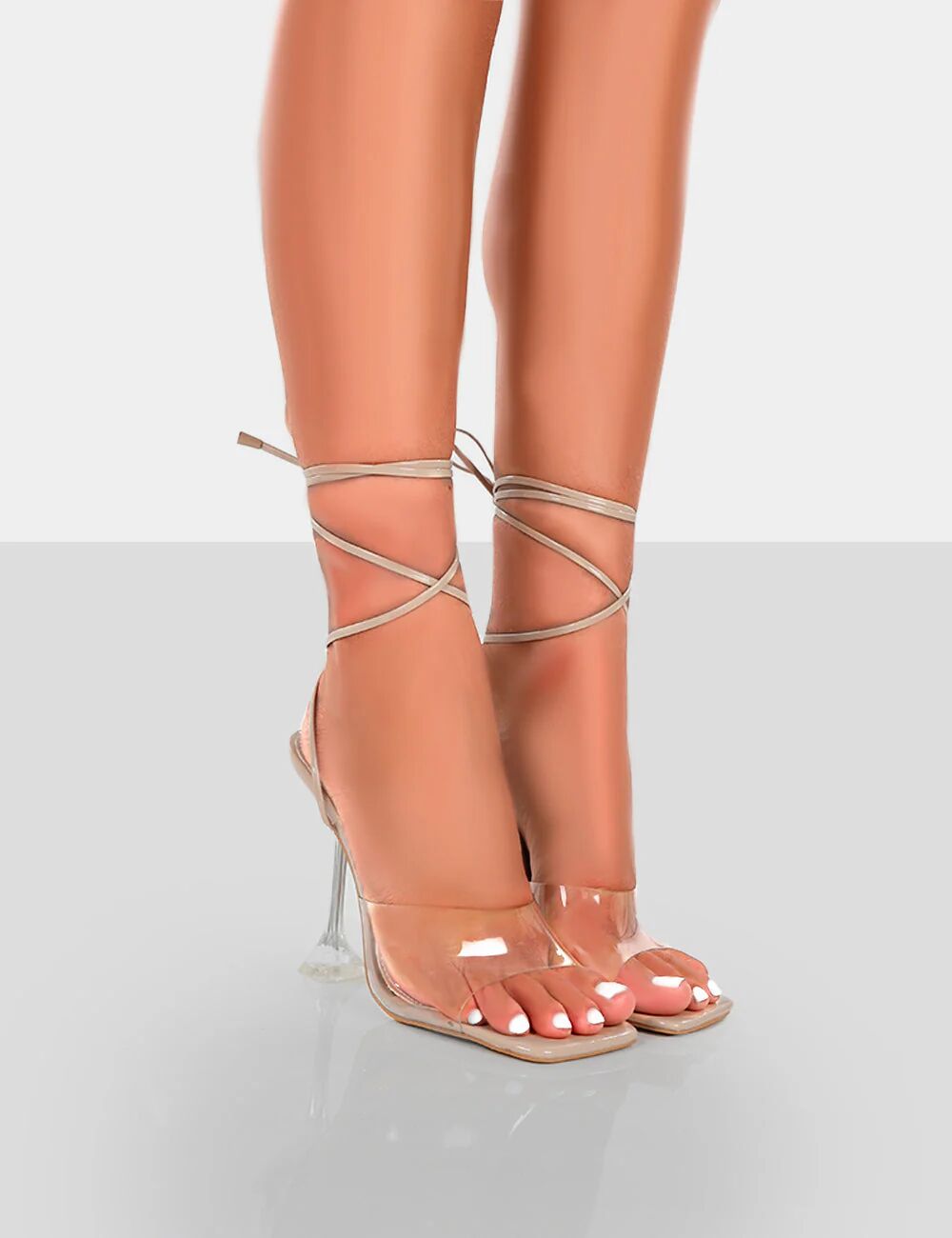 Public Desire US Bly Nude Patent Perspex Cake Stand Lace Up Square Toe Heels - female - US 9 / UK 7 / EU 40 - Size: 6744279908483