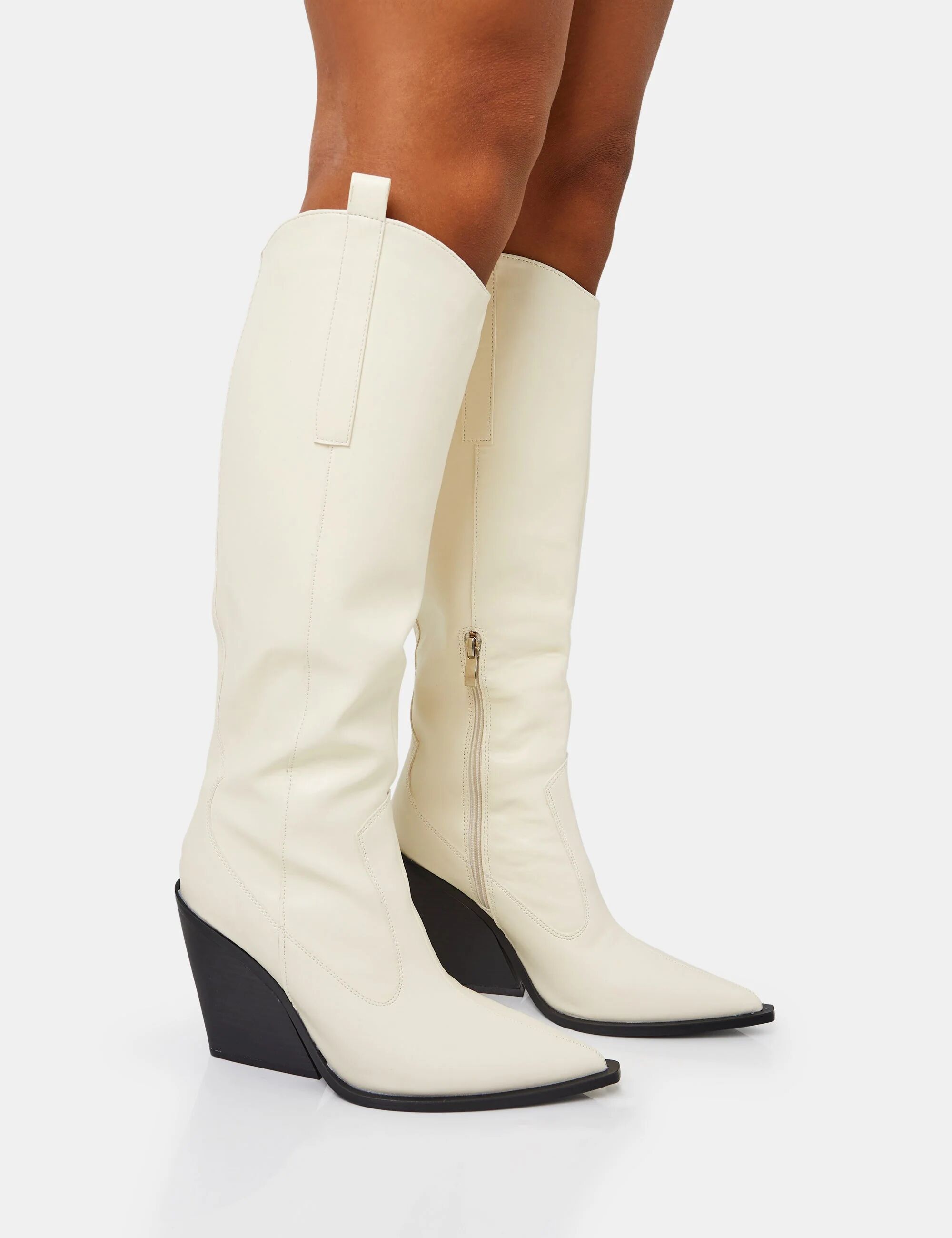 Public Desire US Nevada Ecru Western Cowboy Pointed Toe Block Heel Knee High Boots - female - US 10 / UK 8 / EU 41 - Size: 7951605235843