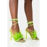 Public Desire US Iconic Lime Satin & Lime Feather Detail Square Toe High Heels - female -  green - Size: US 8 / UK 6 / EU 39