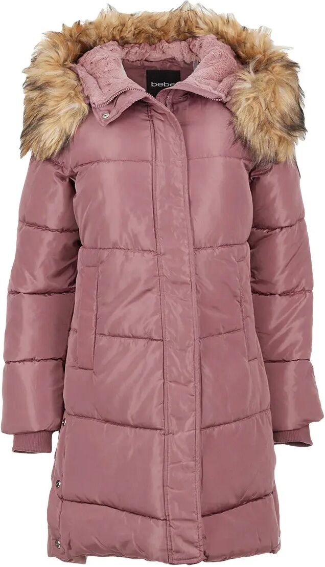 Bebe Women's Long Puffer with Faux Fur Trim Hood  M