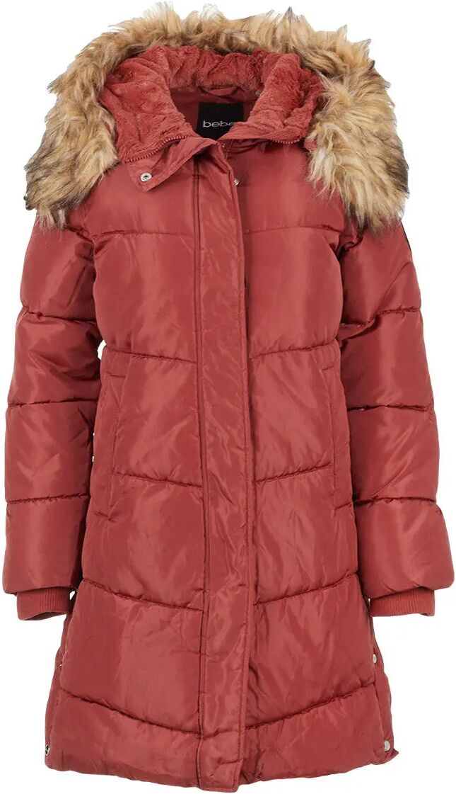 Bebe Women's Long Puffer with Faux Fur Trim Hood  M