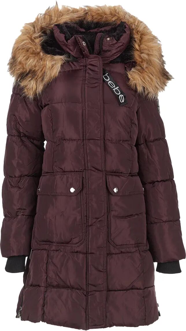 Bebe Women's Long Puffer with Faux Fur Trim Hood & Patch Pockets  S